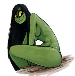  amphibian amphibian_humanoid animal_humanoid black_hair female green_body green_skin hair hi_res humanoid keadonger scp-811 scp_foundation solo yellow_eyes 