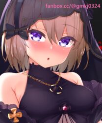  :o artist_name azur_lane bare_shoulders black_bow blue_eyes blush bow breasts brown_hair chinese_commentary collarbone colored_eyelashes commentary_request cross female gmkj hairbow highres iron_cross jewelry looking_at_viewer medium_breasts necklace official_alternate_costume open_mouth short_hair solo upper_body veil watermark web_address z23_(azur_lane) z23_(schwarze_hochzeit)_(azur_lane) 