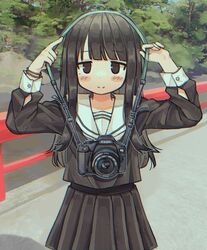  bad_id bad_twitter_id black_eyes black_hair blunt_bangs blush brown_skirt camera canon_(company) closed_mouth dslr female highres long_hair long_sleeves looking_at_viewer original pleated_skirt rnfhv sailor_collar skirt smile solo strap white_sailor_collar 