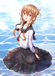  :d ass bad_anatomy bad_ass bad_id bad_nicoseiga_id black_sailor_collar black_skirt blush brown_eyes brown_hair circle_skirt commentary_request female folded_ponytail from_side hair_between_eyes highres inazuma_(kancolle) kantai_collection long_hair long_neck long_sleeves neckerchief numpopo open_mouth partially_submerged pleated_skirt red_neckerchief revision sailor_collar school_uniform serafuku skirt smile solo water 