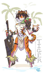  2022 abs anthro black_body black_fur black_hair breasts brown_hair chinese_zodiac claws clothing coconut_tree cute_fangs felid female flower fruit_tree full-length_portrait fur hair hi_res holding_object holding_weapon holidays looking_at_viewer mammal markings multicolored_body multicolored_fur multicolored_hair new_year new_year_2022 orange_body orange_fur palm_tree pantherine pink_nose plant portrait requin_cobalt short_hair signature simple_background skindentation smile solo standing text tiger tiki tree tribal tribal_clothing under_boob weapon white_background white_body white_fur white_hair wood year_of_the_tiger yellow_eyes 