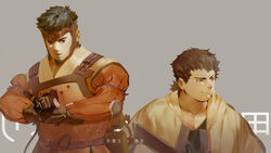  2boys absurdres black_hair brown_hair facial_hair forehead_protector goatee highres kibito_(kabaneri) koutetsujou_no_kabaneri male_focus mature_male multiple_boys own_hands_together pectoral_cleavage pectorals quirrel_(gharnedanshyo) short_hair takumi_(kabaneri) tied_hair upper_body 