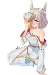  animal_ears blunt_bangs breasts cat_ears chest_jewel female grey_hair highres holding holding_mask mask nia_(xenoblade) revvie short_hair simple_background small_breasts solo white_background xenoblade_chronicles_(series) xenoblade_chronicles_3 yellow_eyes 