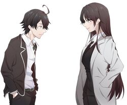  1boy age_difference ahoge belt black_background black_necktie blazer blue_eyes check_commentary collared_shirt commentary commentary_request female hands_in_pockets highres hikigaya_hachiman hiratsuka_shizuka jacket light_(lightpicture33) long_hair looking_at_another necktie open_clothes open_jacket school_uniform shirt short_hair smile sobu_high_school_uniform teacher teacher_and_student vest white_background white_shirt yahari_ore_no_seishun_lovecome_wa_machigatteiru. 