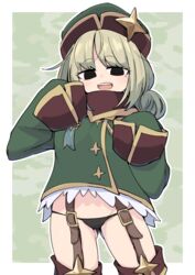  aiguillette araga_kiwi ass_visible_through_thighs black_eyes black_panties blonde_hair boots camouflage_background coat cowboy_shot double_bun empty_eyes female garter_straps green_coat green_hat groin hair_bun hat leoparde_(mahou_shoujo_ni_akogarete) long_sleeves lowleg lowleg_panties mahou_shoujo_ni_akogarete makuraha medal military_coat military_hat mole mole_under_eye no_pants open_mouth panties sleeve_cuffs sleeves_past_fingers sleeves_past_wrists solo standing thigh_boots thighhighs underwear 