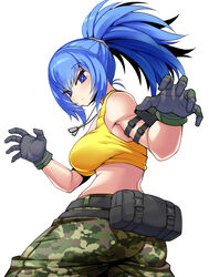  ammunition_pouch armlet ass bad_id bad_twitter_id bare_shoulders blue_eyes blue_hair breasts camouflage camouflage_pants closed_mouth commentary_request crop_top dog_tags female gloves highres jewelry kara_age leona_heidern long_hair looking_at_viewer looking_back midriff pants paw_pose ponytail pouch sideboob simple_background sleeveless solo tank_top the_king_of_fighters the_king_of_fighters_xiv the_king_of_fighters_xv twisted_torso white_background yellow_tank_top 