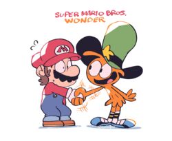  2023 alien biped clothed clothing crossover disney duo english_text facial_hair full-length_portrait hat headgear headwear hi_res human male mammal mario mario_bros moustache nintendo not_furry orange_body portrait rariatoo signature simple_background standing text toony wander wander_over_yonder white_background 