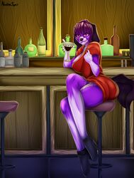  absurd_res alcohol anthro beckoning bent_legs beverage bloot_(bloot) boots canid canine canis clothed clothing cocktail cocktail_glass container crossed_legs cup domestic_dog dress drinking drinking_glass female footwear fur furniture gesture glass glass_container glass_cup hi_res high_heeled_boots high_heels mammal martini nastya_tan purple_body purple_eyes purple_fur shoes sitting solo stool 