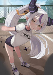  absurdres ahoge ass braid buruma day female fence gym_uniform highres hololive horns la+_darknesss long_hair looking_at_viewer multicolored_hair nemuta_muu outdoors ponytail purple_hair shadow shoes sneakers socks solo stretching tail two-tone_hair very_long_hair virtual_youtuber white_hair white_socks yellow_eyes 