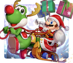  2019 blue_eyes christmas christmas_clothing christmas_headwear clothing duo facial_hair footwear gift gloves gonzarez1938 green_yoshi handwear hat headgear headwear holidays human male mammal mario mario_bros nintendo open_mouth open_smile santa_hat sled smile snow yoshi 