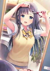  :d armpit_peek black_hair blue_eyes bow breasts collared_shirt commentary_request cut_bangs cutting_hair diagonal-striped_bow diagonal_stripes female flower hair_flower hair_ornament highres holding holding_scissors indoors kanpeki_na_sako-san_wa_mob_mitai_ni_naritai long_hair medium_breasts mirror reflection sako_machika scissors shirt short_sleeves smile solo striped sweater_vest u_rin very_long_hair white_flower white_shirt 