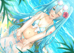  absurdres aqua_eyes aqua_hair bare_arms bare_legs bikini blue_bikini breasts cleavage commentary copyright_name eyewear_on_head female flower hair_ornament halterneck hatsune_miku hibiscus highres long_hair looking_at_viewer nei_(aduma1120ponpon) one_eye_closed open_mouth ribbon side-tie_bikini_bottom smile solo string_bikini striped_bikini striped_clothes swimsuit twintails vocaloid 