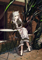  absurdres adios animal_ear_fluff animal_ears apron arknights artist_name black_dress black_footwear breasts brick_wall building cat_ears closed_mouth crossed_legs dated dress expressionless female frilled_dress frills full_body green_eyes grey_hair hand_on_own_cheek hand_on_own_face highres house kal&#039;tsit_(arknights) large_breasts leaf long_sleeves looking_afar looking_away maid mon3tr_(arknights) monster official_alternate_costume outdoors short_hair sitting stool table white_apron white_hair 