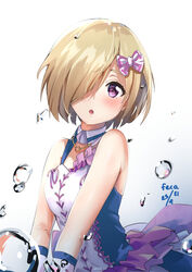  :o absurdres blonde_hair bow brown_hair feca female hair_over_one_eye highres idol idoly_pride looking_at_viewer open_mouth pink_bow purple_eyes shiraishi_chisa short_hair skirt solo 