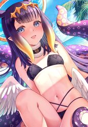  absurdres bangs beach bikini blue_eyes blunt_bangs breasts day female fur_collar halo highres hololive hololive_english long_hair looking_at_viewer mole mole_under_eye monster_girl navel ninomae_ina&#039;nis outdoors pointy_ears purple_hair saruei sitting small_breasts smile solo stomach strapless strapless_bikini swimsuit tentacle tentacle_hair thighs virtual_youtuber wet 