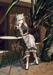  absurdres adios animal_ear_fluff animal_ears apron arknights black_dress black_footwear breasts brick_wall building cat_ears closed_mouth crossed_legs dress expressionless female frilled_dress frills full_body green_eyes grey_hair hand_on_own_cheek hand_on_own_face highres house kal&#039;tsit_(arknights) large_breasts leaf long_sleeves looking_afar looking_away maid mon3tr_(arknights) monster official_alternate_costume outdoors short_hair sitting stool table white_apron 