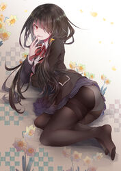  :d arm_under_breasts ass bad_id bad_pixiv_id black_hair black_jacket black_pantyhose blazer blue_skirt breasts commentary_request date_a_live female fingers_to_mouth flower full_body hair_over_one_eye heterochromia highres jacket legs long_hair looking_at_viewer lying medium_breasts no_shoes on_side open_mouth panties panties_under_pantyhose pantyhose pleated_skirt raizen_high_school_uniform red_eyes school_uniform shirt skirt smile solo thighs tokisaki_kurumi twintails underwear upskirt very_long_hair white_panties white_shirt yellow_eyes yue_(lov_n_n) 