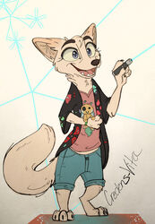  2018 absurd_res anthro barefoot biped black_nose blue_eyes bottomwear canid canine clothed clothing disney feet fox fully_clothed fur head_tuft hi_res holding_object inner_ear_fluff laser_pointer mammal neck_tuft open_mouth open_smile pants sharp_teeth shirt skye_(zootopia) smile solo standing tan_body tan_fur teeth topwear tuft xx-junglebeatz-xx zootopia 