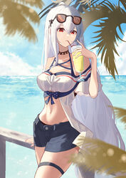  absurdres aoi_tooru arknights bare_shoulders black_choker blue_shorts blue_sky breasts choker cloud commentary_request cowboy_shot cup day drinking drinking_glass drinking_straw eyewear_on_head female hair_between_eyes hand_up highres holding holding_cup large_breasts long_hair navel no_headwear ocean off-shoulder_shirt off_shoulder official_alternate_costume outdoors railing red_eyes shirt short_shorts shorts skadi_(arknights) skadi_(waverider)_(arknights) sky solo standing stomach sunglasses thigh_strap thighs very_long_hair water white_hair white_shirt 