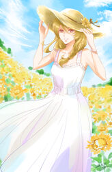  2020 arms_up blonde_hair blue_sky bracelet brown_eyes cloud collarbone day dress female field flower flower_field grin hair_between_eyes hat hat_flower jewelry long_dress long_hair mori_yuki outdoors signature sky sleeveless sleeveless_dress smile solo straw_hat sun_hat sundress uchuu_senkan_yamato uchuu_senkan_yamato_2199 white_dress yellow_flower yellow_hat yokon2199 