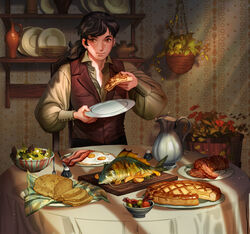  1boy absurdres bacon black_hair bread bread_slice breakfast brown_eyes character_request copyright_request dishes egg_(food) english_commentary fish food fried_egg ham highres holding holding_food looking_at_viewer male_focus olive pie plant ponytail potted_plant salad salt_shaker silverheather smile solo toast 