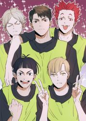  5boys arm_on_another&#039;s_shoulder black_hair black_shirt blonde_hair brown_hair clenched_hand closed_eyes closed_mouth expressionless eyebrows goshiki_tsutomu grey_hair grin haikyuu!! hands_up looking_at_viewer male_focus multiple_boys open_mouth red_hair semi_eita shirabu_kenjirou shirt short_hair smile starry_background sweatdrop tendou_satori ummm_mmma ushijima_wakatoshi v 