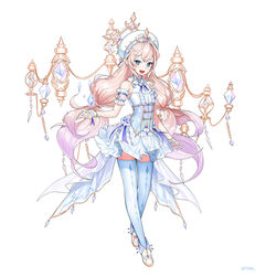  +_+ :d armband bare_shoulders blonde_hair blue_eyes center_frills corset crossed_legs dress elsword female flat_chest frills full_body gradient_hair highres long_hair looking_at_viewer low_twintails luciela_r._sourcream multicolored_hair open_mouth photoshop_(medium) pointy_ears ppower_(lu_power) purple_hair simple_background sleeveless sleeveless_dress smile solo thighhighs twintails two-tone_hair very_long_hair watson_cross white_background white_dress white_footwear zettai_ryouiki 