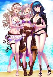  3girls :d anklet barefoot bikini black_bikini blue_eyes blue_hair breasts brown_eyes byleth_(female)_(fire_emblem) byleth_(female)_(summer)_(fire_emblem) byleth_(fire_emblem) cape commentary_request corrin_(female)_(fire_emblem) corrin_(female)_(summer)_(fire_emblem) corrin_(fire_emblem) fire_emblem fire_emblem:_three_houses fire_emblem_awakening fire_emblem_fates fire_emblem_heroes flower full_body gem girl_sandwich grey_hair hair_between_eyes hair_flower hair_ornament heart highres jewelry large_breasts long_hair looking_at_viewer medium_hair multiple_girls navel official_alternate_costume open_mouth orange_eyes purple_bikini purple_eyes robin_(female)_(fire_emblem) robin_(female)_(summer)_(fire_emblem) robin_(fire_emblem) sandwiched smile super_smash_bros. swimsuit tassel twintails whatthehell042 white_bikini 