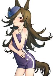  animal_ears blue_flower blue_hat blue_rose blush breasts brown_hair commentary_request competition_school_swimsuit female flower hair_over_one_eye hat hat_flower highres horse_ears horse_girl horse_tail long_hair looking_at_viewer nametake nose_blush one-piece_swimsuit purple_eyes rice_shower_(umamusume) rose school_swimsuit simple_background small_breasts solo swimsuit tail tilted_headwear tracen_swimsuit umamusume very_long_hair white_background 