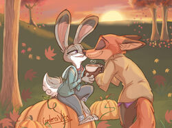  2018 anthro autumn bottomwear buckteeth canid canine closed_eyes clothed clothing container cup dipstick_ears disney duo ear_markings food fox fruit fully_clothed fur grass grey_body grey_fur hi_res holding_container holding_cup holding_object inner_ear_fluff jacket judy_hopps lagomorph leaf leporid mammal multicolored_ears nick_wilde open_mouth open_smile orange_body orange_fur outside pants plant pumpkin purple_eyes rabbit red_fox sitting_on_pumpkin sky smile sunset teeth topwear tree true_fox tuft white_body white_fur xx-junglebeatz-xx zootopia 