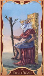  2020 absurd_res anthro art_nouveau blue_eyes bovid caprine card card_template cerunnus chair clothed clothing crown digital_media_(artwork) digital_painting_(artwork) digital_watercolor_(artwork) english_text fortune_telling furniture goat headgear hi_res hooves horn horseshoe king_of_wands_(tarot) male mammal mane mantle minor_arcana nyxapnea reptile royalty scalie serious sheep simulated_traditional_(artwork) solo staff tarot tarot_card text throne tortoise turtle wands_(tarot) 