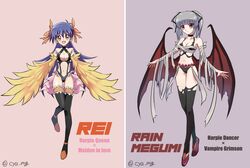  2girls :d adapted_costume bandages bat_wings blue_hair breasts chaya_mago choker commentary_request cosplay feathered_wings frills full_body grey_hair harpie_dancer harpie_dancer_(cosplay) harpie_queen harpie_queen_(cosplay) highres long_hair looking_at_viewer medium_breasts multiple_girls rain_megumi red_eyes revealing_clothes saotome_rei smile thighhighs vampire_grimson vampire_grimson_(cosplay) winged_arms wings yu-gi-oh! yu-gi-oh!_gx yu-gi-oh!_tag_force 