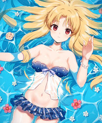  afloat alternate_hairstyle bare_shoulders bikini bikini_skirt blonde_hair blue_bikini blush breasts cleavage collarbone commentary cowboy_shot ereshkigal_(fate) fate/grand_order fate_(series) female flower flower_on_liquid from_above hair_down hair_spread_out highres long_hair looking_at_viewer medium_breasts navel parted_bangs parted_lips red_eyes red_flower rose seashell_bracelet see-through solo stomach strapless strapless_bikini swimsuit very_long_hair water white_flower white_rose zhi_(yammycheese) 