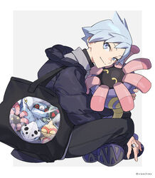  1boy aged_down anorith baltoy black_bag black_pants coat commentary_request grey_eyes grey_hair head_down highres holding holding_pokemon jewelry lairon lileep looking_at_viewer male_focus metang pants pokemon pokemon_(creature) pokemon_rse ring shoes sitting skarmory smile steven_stone xia_(ryugo) 