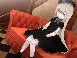  black_dress black_gloves black_hat blonde_hair bow bowtie colored_skin couch death_mark doll doll_joints dress empty_eyes expressionless female gloves green_eyes grey_bow grey_bowtie hands_on_lap hat hat_bow highres indoors joints long_hair mary_(death_mark) on_couch short_sleeves sitting solo sumiyao_(amam) very_long_hair white_skin 