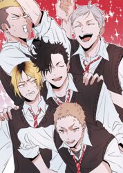  5boys angry arm_up black_hair black_sweater blank_eyes blonde_hair brown_hair closed_eyes collared_shirt grey_hair grin haiba_lev haikyuu!! happy korean_commentary kozume_kenma kuroo_tetsurou looking_at_another male_focus multicolored_hair multiple_boys necktie school_uniform shirt short_hair sleeves_rolled_up smile starry_background striped striped_necktie sweatdrop sweater teeth tongue two-tone_hair ummm_mmma vest wavy_mouth white_shirt yaku_morisuke yamamoto_taketora 