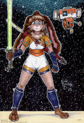  2023 anthro blue_eyes breasts brown_body brown_fur brown_hair clothed clothing duo female fur green_lightsaber hair hi_res holding_lightsaber holding_object holding_weapon lagomorph lepi leporid lightsaber long_ears looking_at_viewer lop_(star_wars_visions) machine mammal melee_weapon neck_tuft nick_bondra phraggle robot smile standing star_wars star_wars_visions td-4 tuft weapon wide_stance 