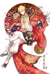  1boy abs alcohol animal arabian_clothes artist_name black_footwear blonde_hair bracelet cherry_blossoms closed_mouth collarbone commentary_request crossed_legs cup earrings fate/extella fate/extra fate_(series) flower full_body gilgamesh_(fate) gilgamesh_(sumerian_garb)_(fate) holding holding_cup jewelry long_sleeves looking_to_the_side male_focus midriff muscular muscular_male necklace official_alternate_costume one_eye_closed pants pectorals petals photoshop_(medium) pig red_eyes red_sun sakazuki sake short_hair sitting solo tree white_pants wide_sleeves worrisorochi 