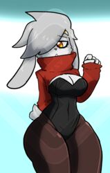  anthro breasts bunny_costume cleavage clothed clothing costume diamond_grenadier female fur generation_8_pokemon legwear nintendo one_eye_obstructed orange_eyes pantyhose pokemon pokemon_(species) raboot solo sweater topwear white_body white_fur 