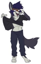  alpha_channel anthro bottomwear brown_eyes canid canine canis clothed clothing clothing_lift denim denim_bottomwear denim_clothing fangs flirting hair hi_res jeans male mammal open_mouth pants pecs purple_hair shirt shirt_lift sinamuna solo teeth terry_(kd142000) topwear wolf 