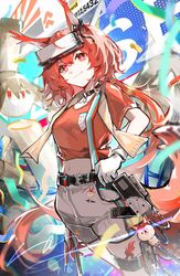  absurdres animal_ears arknights bad_id bad_lofter_id black_choker choker cowboy_shot crop_top female flametail_(arknights) flametail_(sport_for_all)_(arknights) gloves grey_shorts head-mounted_display highres long_hair looking_at_viewer luan_teng midriff navel official_alternate_costume orange_shirt red_eyes red_hair shirt short_sleeves shorts smile solo standing stomach suspenders tail very_long_hair white_gloves wild_mane_(arknights) 