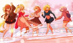  .live 5girls beach blonde_hair brown_hair commentary_request hat headband highres kiso_azuki kitakami_futaba kongou_iroha long_hair long_sleeves multiple_girls one_eye_closed rune_(ru-nn) school_uniform short_hair ushimaki_riko virtual_youtuber water yaezawa_natori 