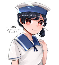  black_hair blue_sailor_collar brown_eyes character_name dated dress female hat hiburi_(kancolle) highres kantai_collection looking_at_viewer low_ponytail nanari_(nanari_nannari) one-hour_drawing_challenge sailor_collar sailor_dress sailor_hat short_hair short_sleeves simple_background smile solo twitter_username upper_body white_background white_dress white_hat 