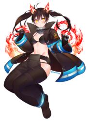  :o baggy_pants bikini bikini_top_only black_bikini black_coat black_footwear black_gloves black_hair breasts clenched_hand coat collar commentary_request en&#039;en_no_shouboutai female fiery_ears fiery_tail fire firefighter full_body gloves grey_pants groin harukagi hip_vent looking_at_viewer medium_breasts midriff navel open_clothes open_coat pants sidelocks simple_background solo swimsuit tail tamaki_kotatsu twintails twitter_username white_background yellow_eyes 