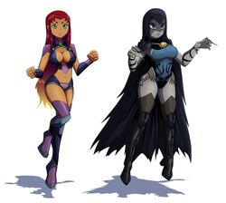  2girls big_breasts boots dc female female_only green_eyes grey_skin injustice:_gods_among_us injustice_2 large_breasts leotard purple_hair rachel_roth raven_(dc) ravenravenraven red_hair smooth_skin starfire teen_titans thigh_boots thigh_high_boots thighhigh_boots thighhighs wide_hips 