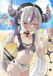  5girls absurdres animal_ears beach beret bikini black_bikini black_nails blue_eyes blue_sky blush breasts choker cleavage cloud crow_(la+_darknesss) cup day drinking_glass drinking_straw fang_out hakui_koyori hat highres hololive holox horns innertube kazama_iroha la+_darknesss mask multiple_girls navel nemuta_muu ocean oerba_yun_fang open_mouth outdoors pink_hair pointy_ears ponytail sakamata_chloe shorts shovel sky small_breasts swim_ring swimsuit tail takane_lui twintails virtual_youtuber wolf_ears 