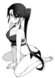  alternate_costume arm_support artistic_error ass barefoot between_legs bikini blush breasts butt_crack cleavage closed_mouth collarbone downpants female full_body greyscale higaragi highres kantai_collection leaning_forward long_hair looking_at_viewer medium_breasts monochrome nachi_(kancolle) side-tie_bikini_bottom side_ponytail simple_background sitting soles solo swimsuit toes very_long_hair wariza white_background wrong_foot 