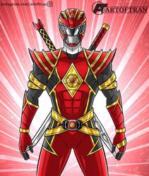  1boy armor artist_name artoftran belt belt_buckle bodysuit buckle commentary english_commentary fusion helmet highres instagram_username male_focus mighty_morphin_power_rangers omega_red_ranger power_rangers red_background red_bodysuit red_headwear red_ranger shoulder_armor signature solo standing sword sword_behind_back tokusatsu watermark weapon web_address 