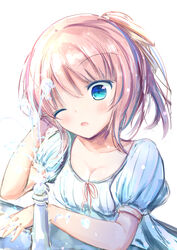  blue_dress blue_eyes blush breasts brown_hair cleavage collarbone commentary_request dress drinking_fountain female head_tilt highres medium_breasts one_eye_closed open_mouth original puffy_short_sleeves puffy_sleeves red_ribbon ribbon shihou_haru short_sleeves simple_background solo water white_background 