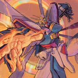  bakunetsu_god_finger fighting_stance g_gundam glowing glowing_hand god_gundam green_eyes gundam highres lens_flare looking_at_viewer mecha no_humans olympia_sweetman open_hands robot science_fiction solo v-fin 